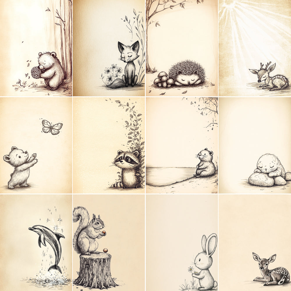 Illustrations of various animals in a natural setting on a beige background