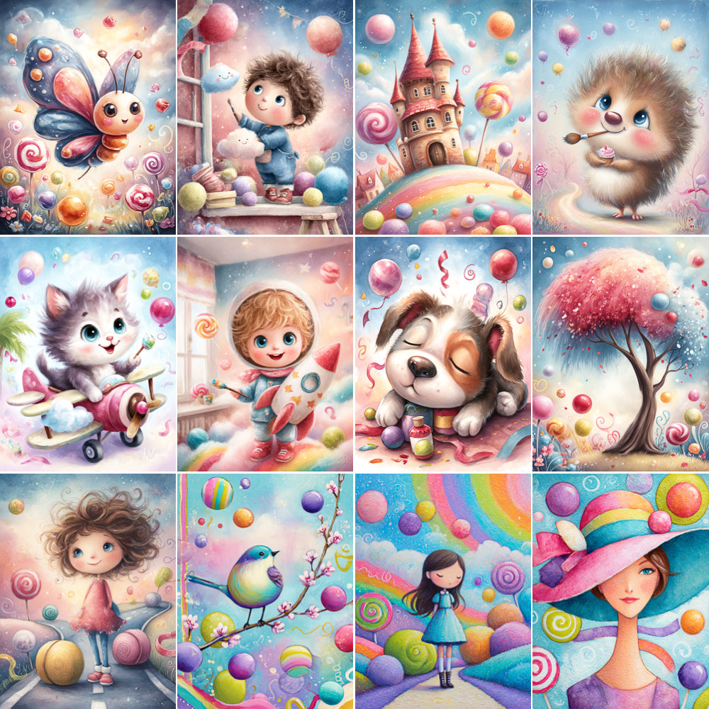 Collage of colorful illustrations featuring children, animals, and fantasy elements.