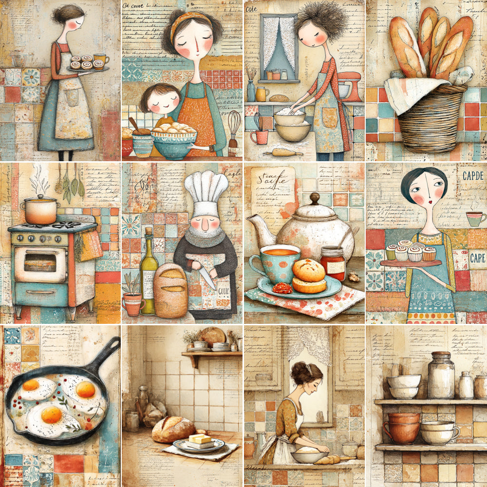 Illustrated kitchen scenes with people cooking and baking.