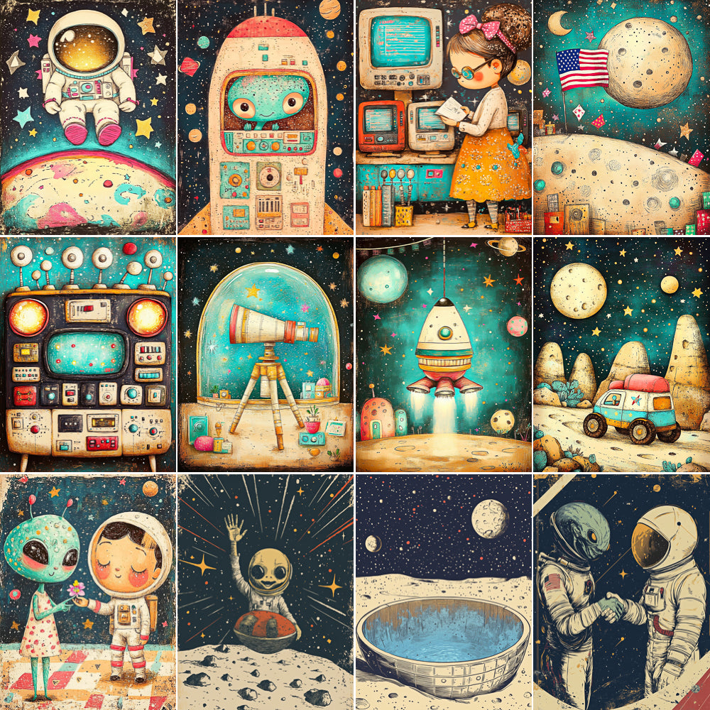 Collage of illustrations featuring space-themed scenes with astronauts, robots, and celestial bodies.