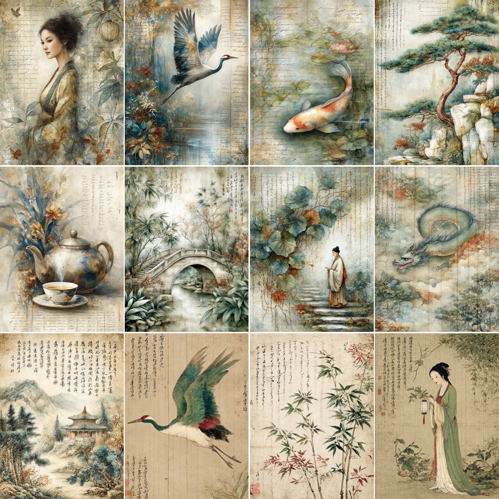 Collage of traditional Chinese art featuring landscapes, nature, and figures.