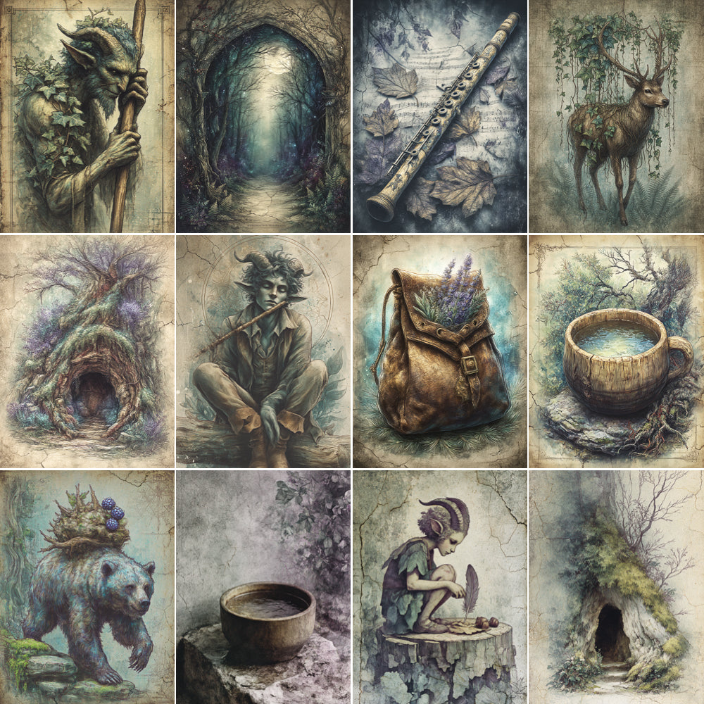 Collage of fantasy-themed illustrations including an elf, flute, deer, and other mystical elements.