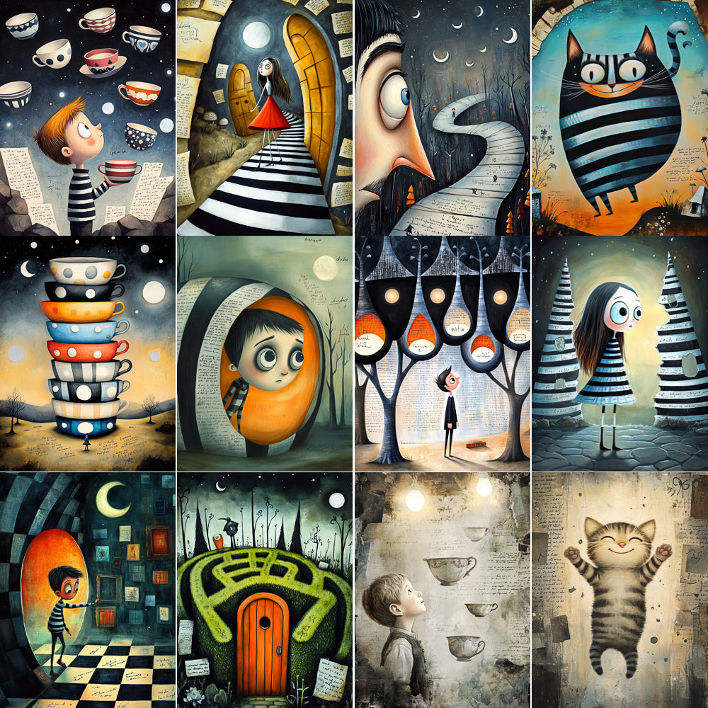 Collage of various illustrated scenes with characters and objects.