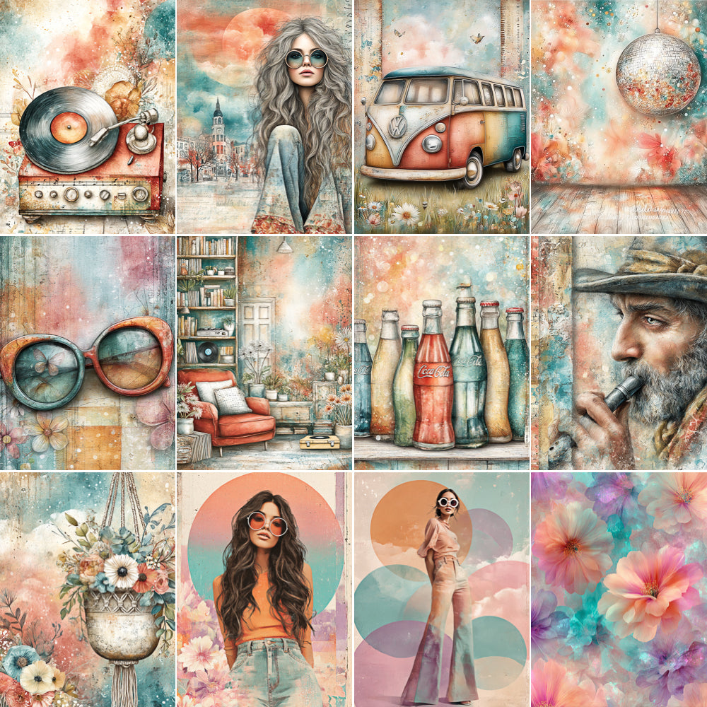 Collage of various artistic illustrations including a woman, a van, a record player, and a cityscape.