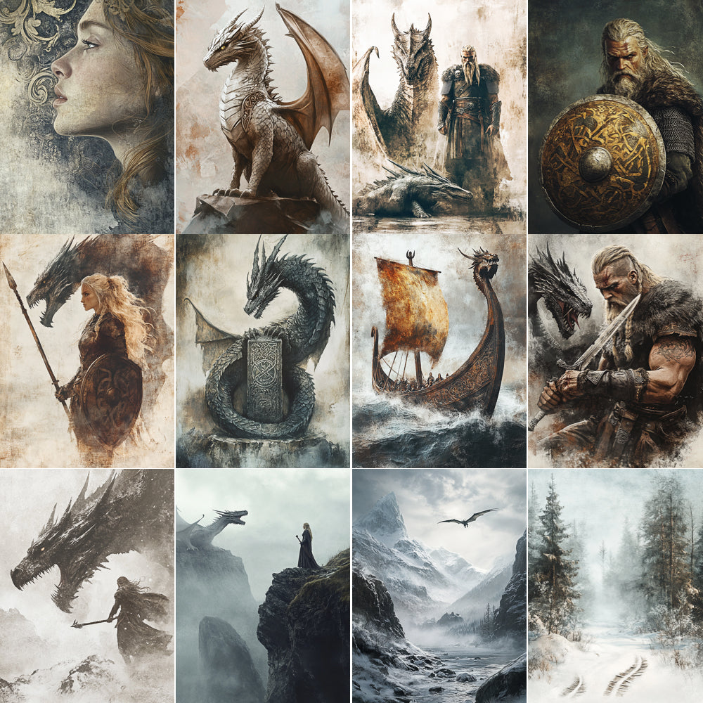 Midjourney V 6.1 Prompts for Nordic Dragons Junk Journal Kit
