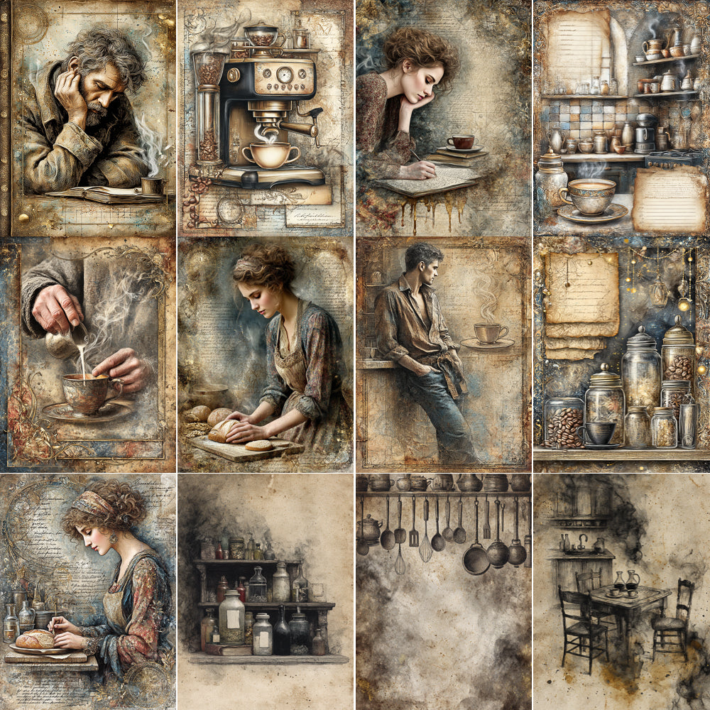 Collage of vintage-style images featuring people in a kitchen setting.