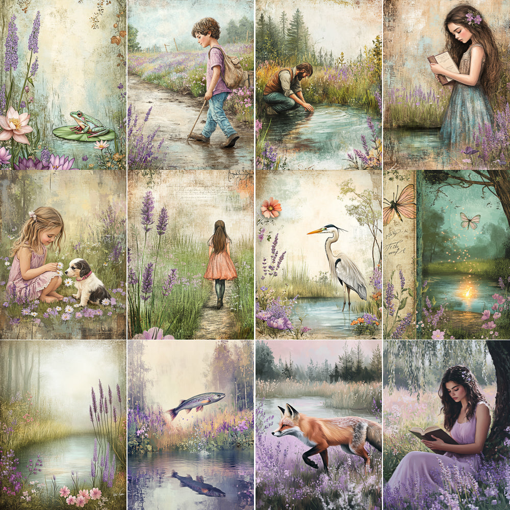 Collage of nature-themed illustrations featuring children, animals, and landscapes.