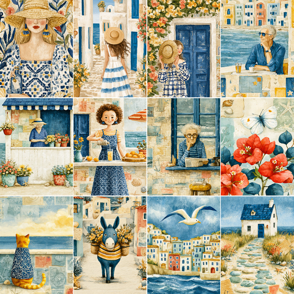 Midjourney V 8.2 Prompts for DUAL Santorini Summer Escape Pages