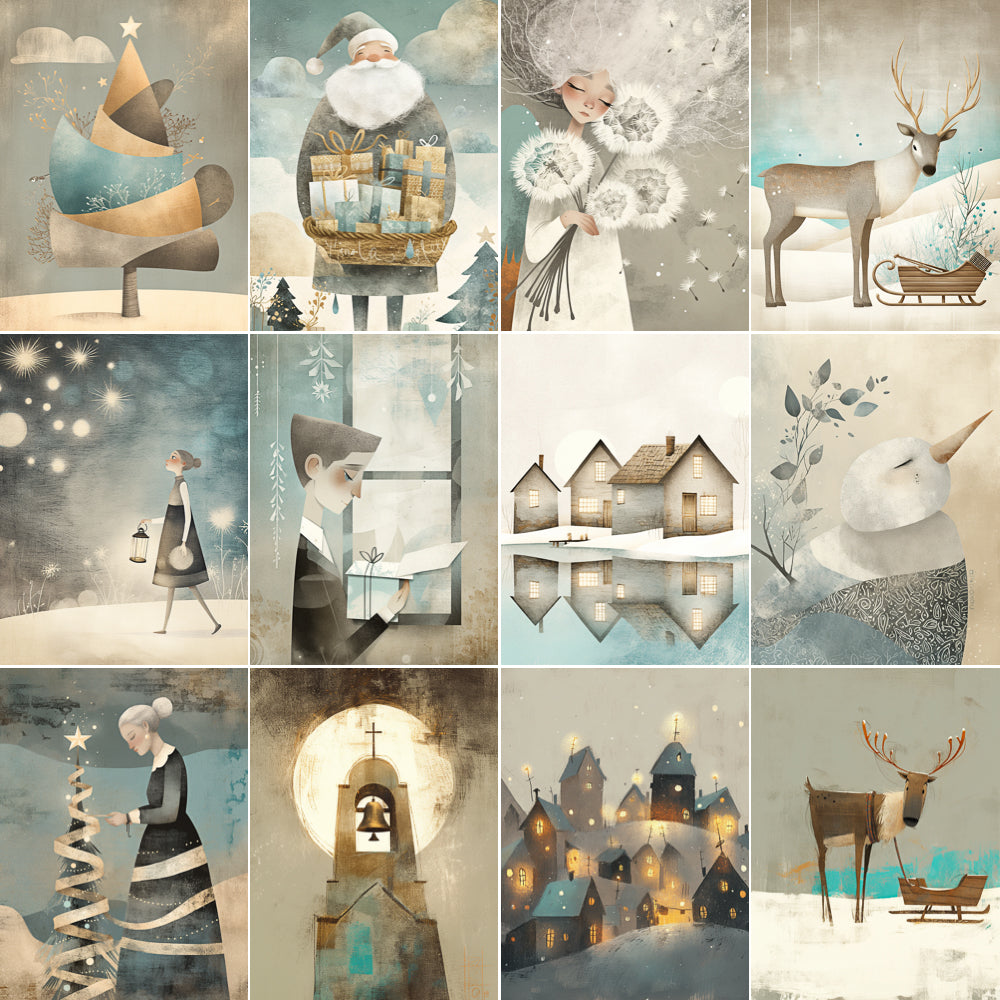 Collage of winter-themed illustrations featuring Santa Claus, reindeer, and snowy landscapes.