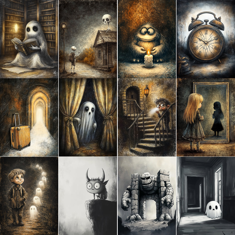 Midjourney V 6.1 Prompts for DUAL Ghost and Monsters Pages and Cards