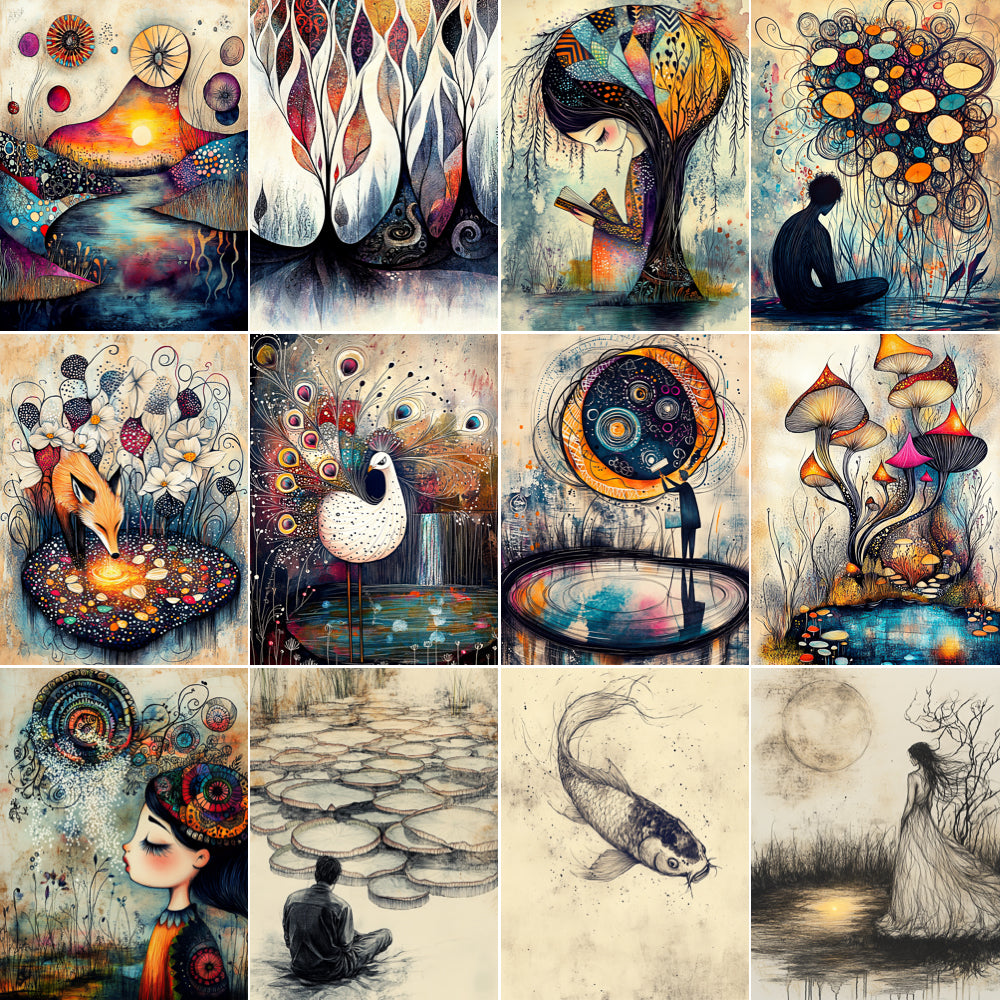 Collage of various artistic illustrations including landscapes, figures, and abstract designs.