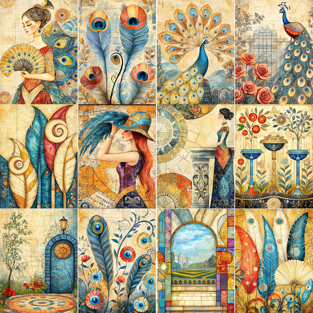Midjourney V 6.1 Prompts for DUAL Peacock Junk Journal Pages Kit