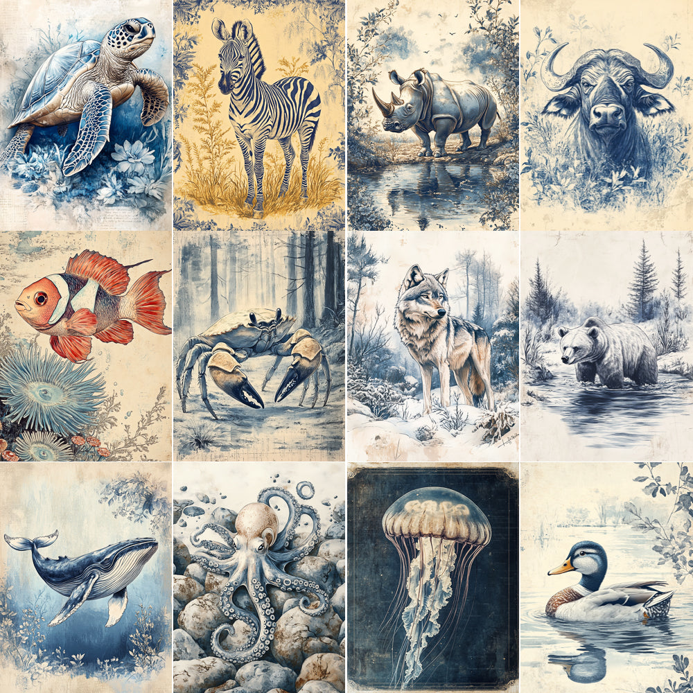 Midjourney V 6.1 Prompts for Blue Famous Animals Botanical Pages