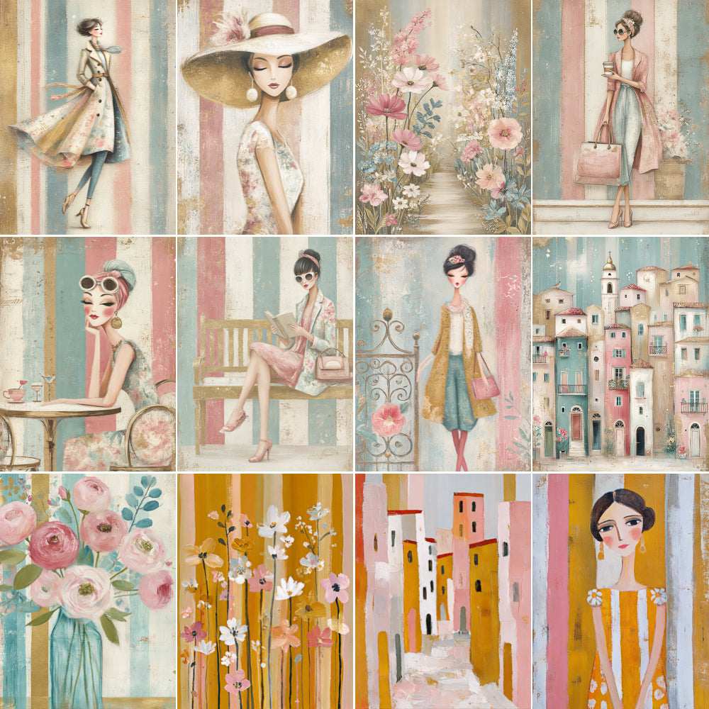 Collage of illustrated scenes with women, flowers, and cityscapes in a vintage style.