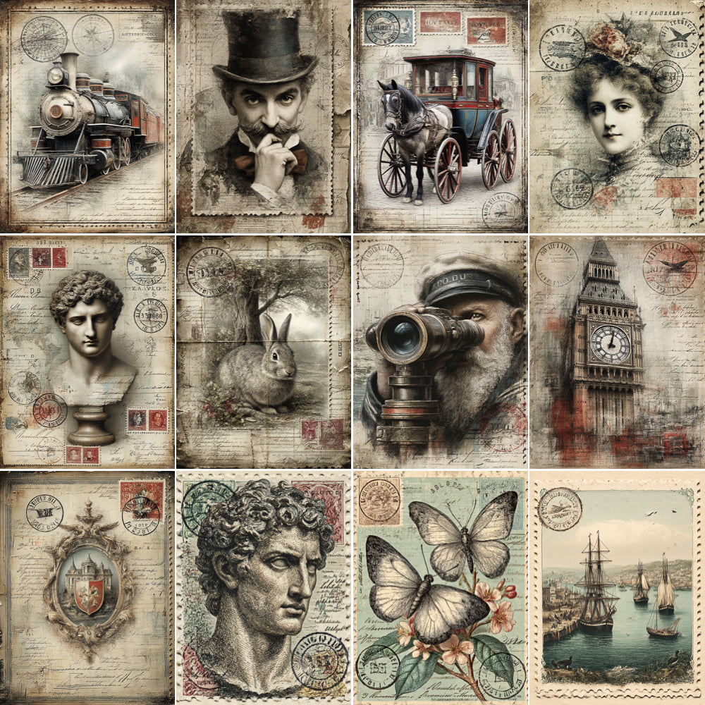 Collage of vintage-style illustrations including a train, people, a horse-drawn carriage, and other historical-themed images.