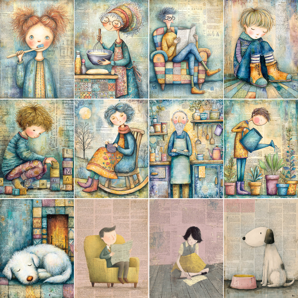 Illustrations of children and dogs in various activities on a newspaper background