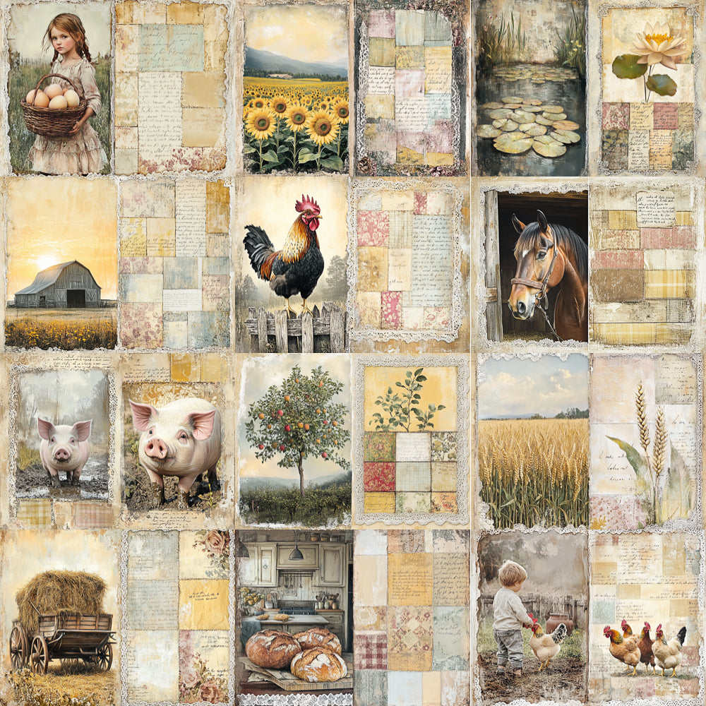 Collage of farm-themed images including animals, landscapes, and activities on a textured background.