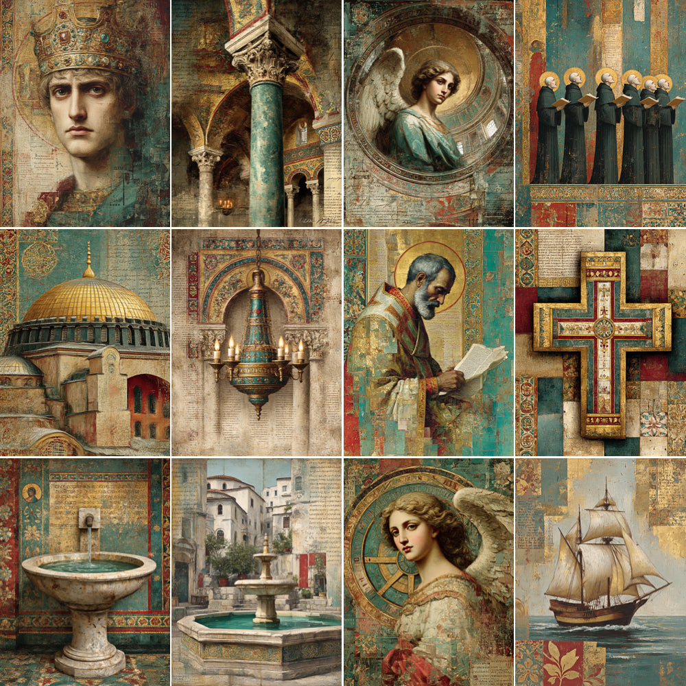 Collage of classical and religious-themed images including portraits, architecture, and nature.