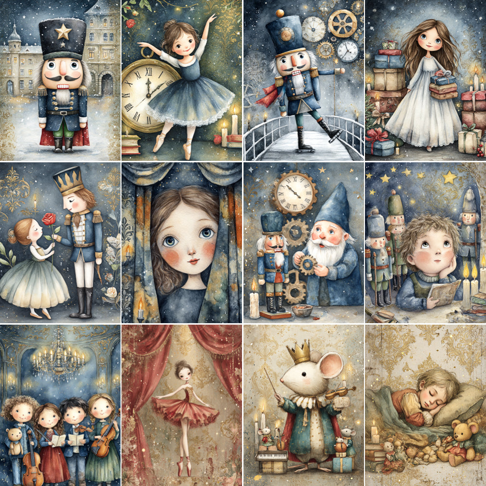 Collage of illustrations from 'The Nutcracker' with characters and elements from the story.