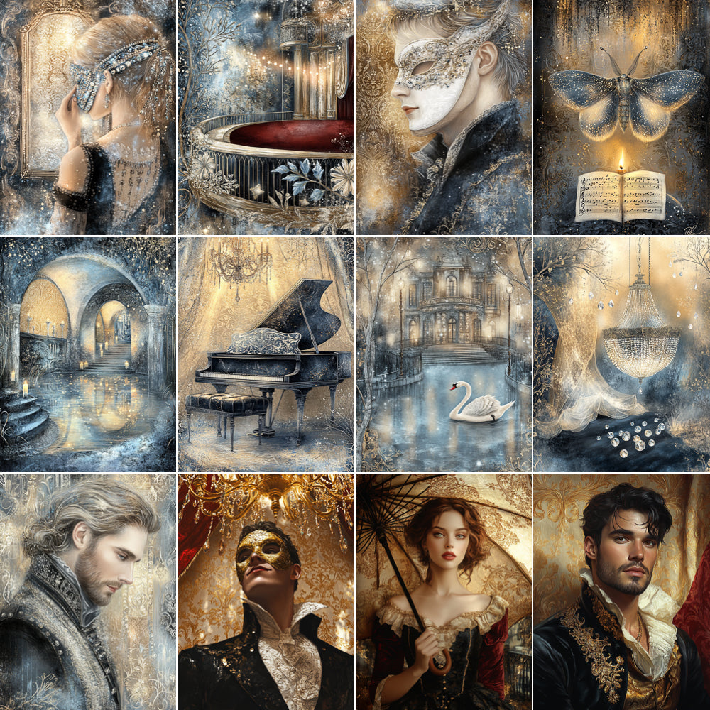Collage of artistic portraits and scenes with a vintage, romantic theme.