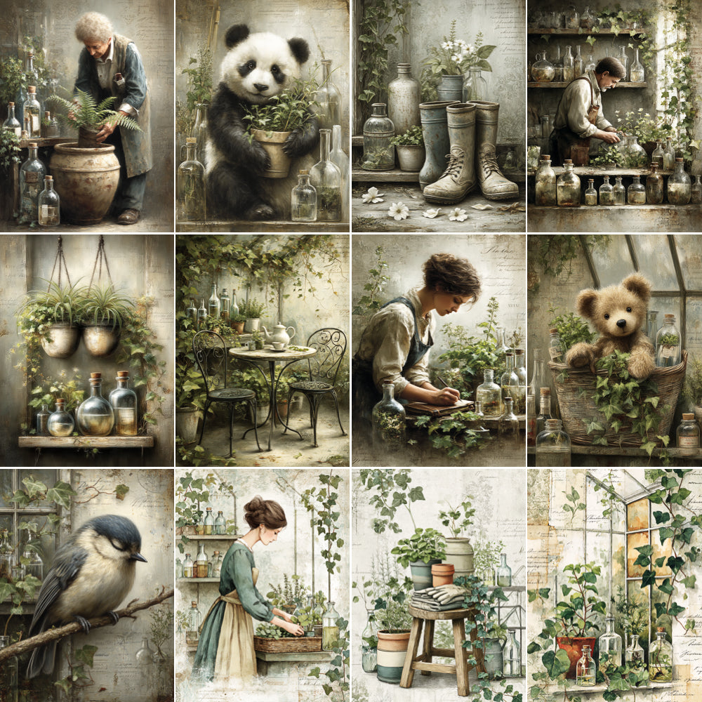 Collage of images featuring people, animals, and plants in a garden setting.