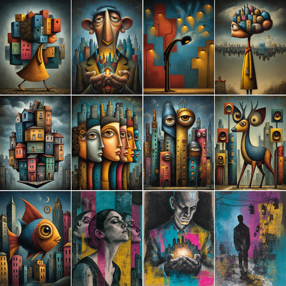 Collage of various artistic illustrations featuring abstract shapes, faces, and cityscapes.