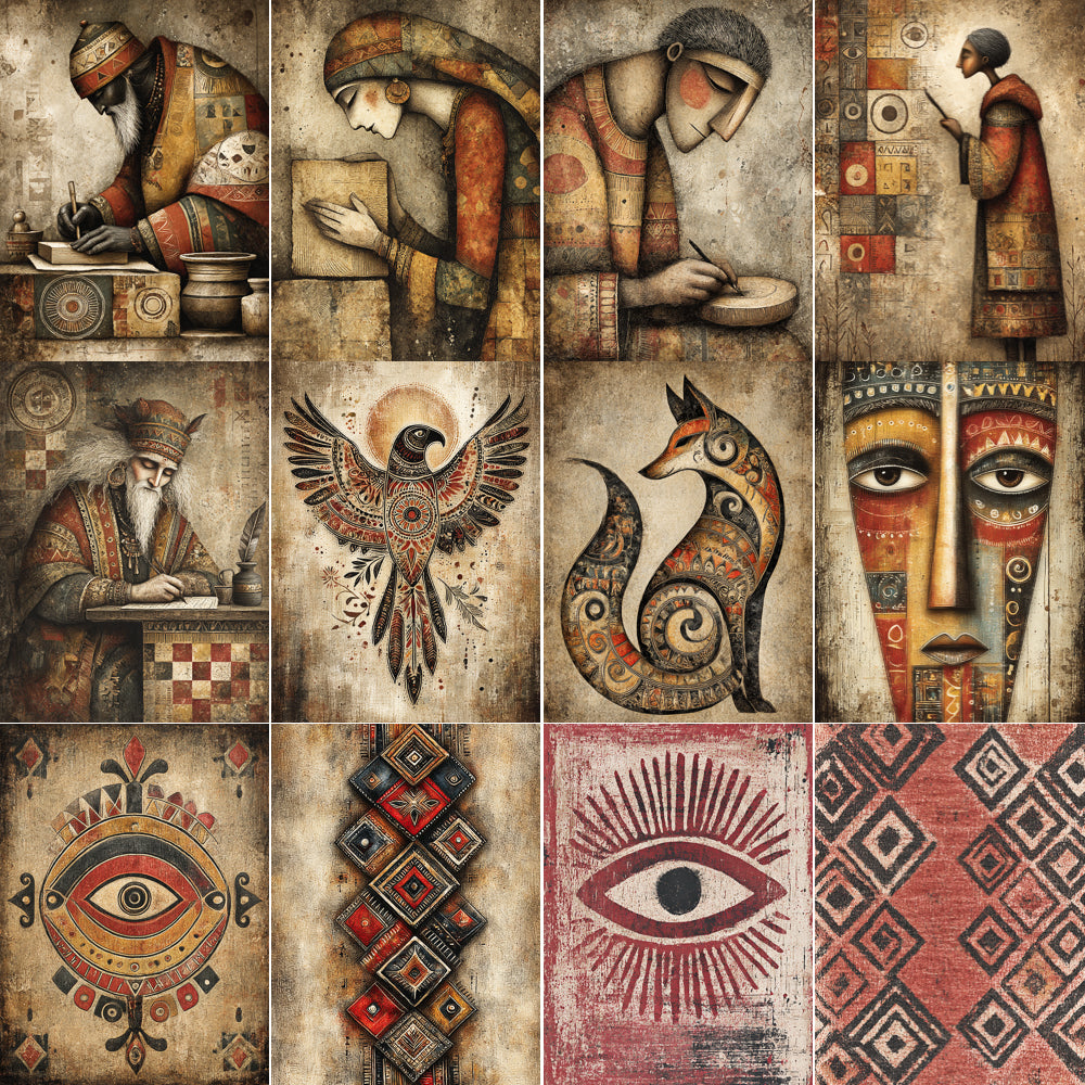 Midjourney V 7 Prompts for DUAL Folk Stamps Tribal Papers