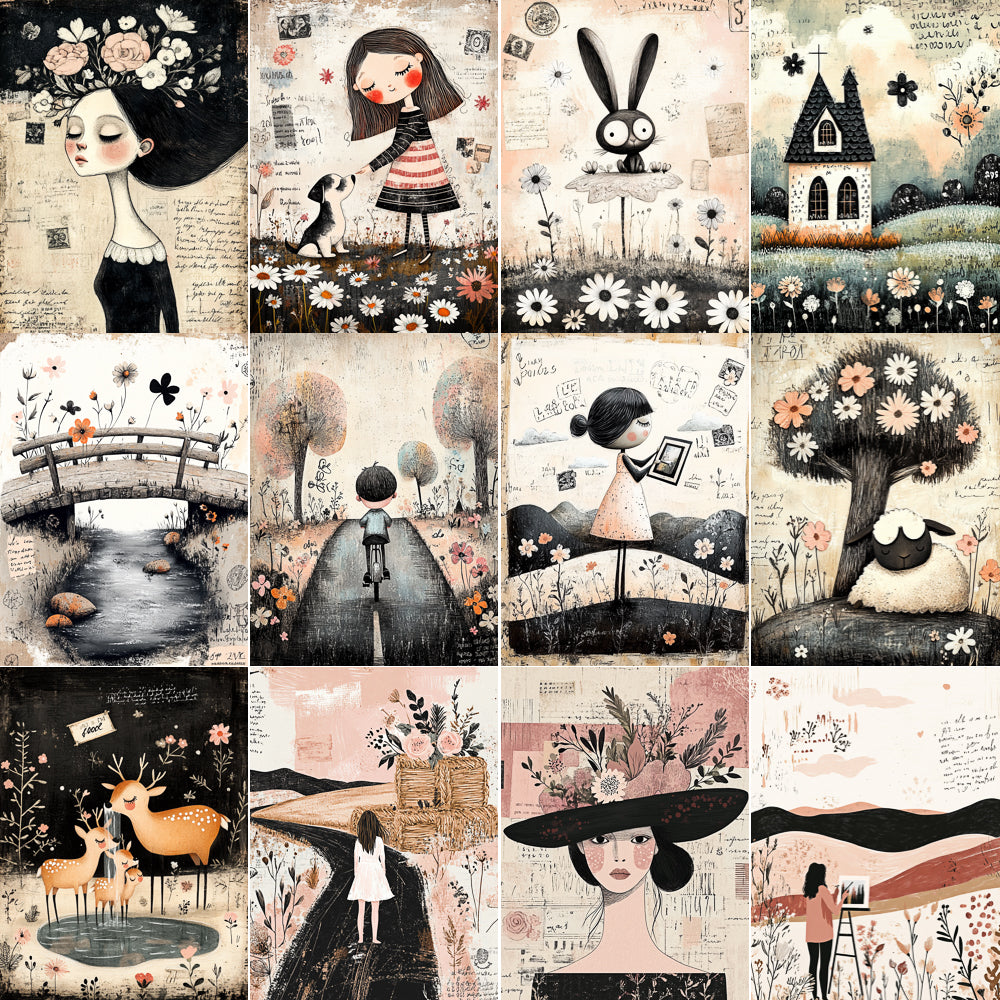 Collage of various illustrated scenes with people, animals, and landscapes.