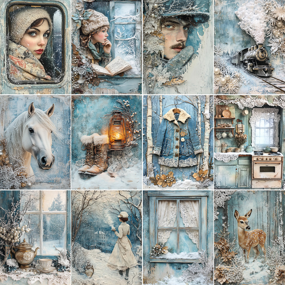 Collage of winter-themed images including people, animals, and landscapes.