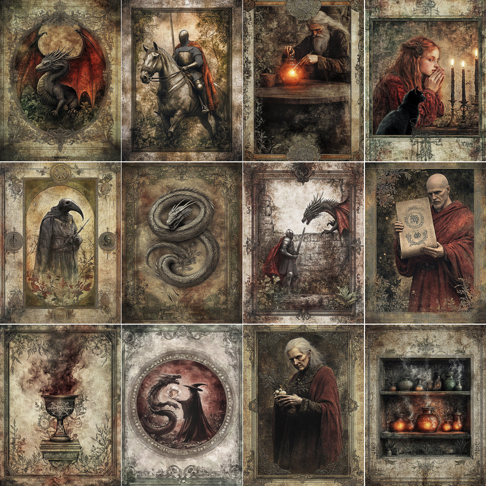 Midjourney V 7 Prompts for DUAL Medieval Occult Dark Alchemy Pages