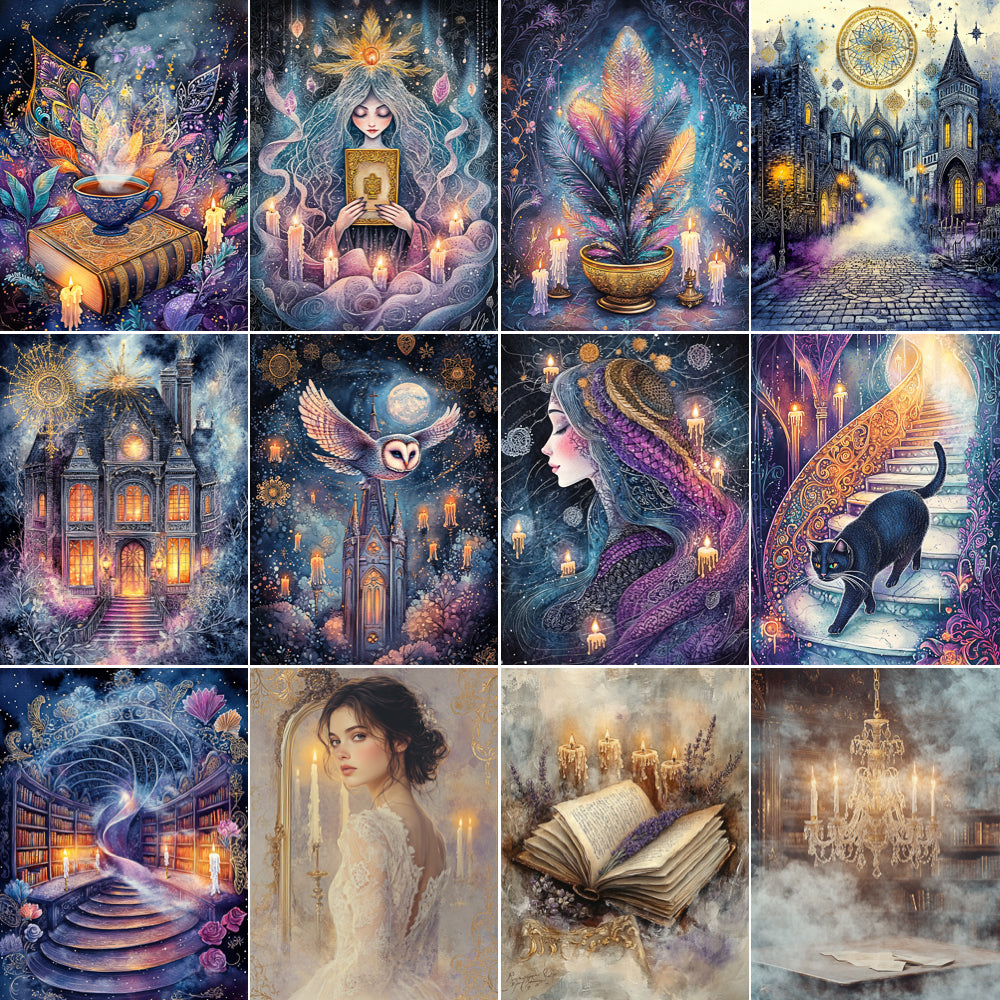 Collage of fantasy-themed illustrations featuring magical elements and characters.