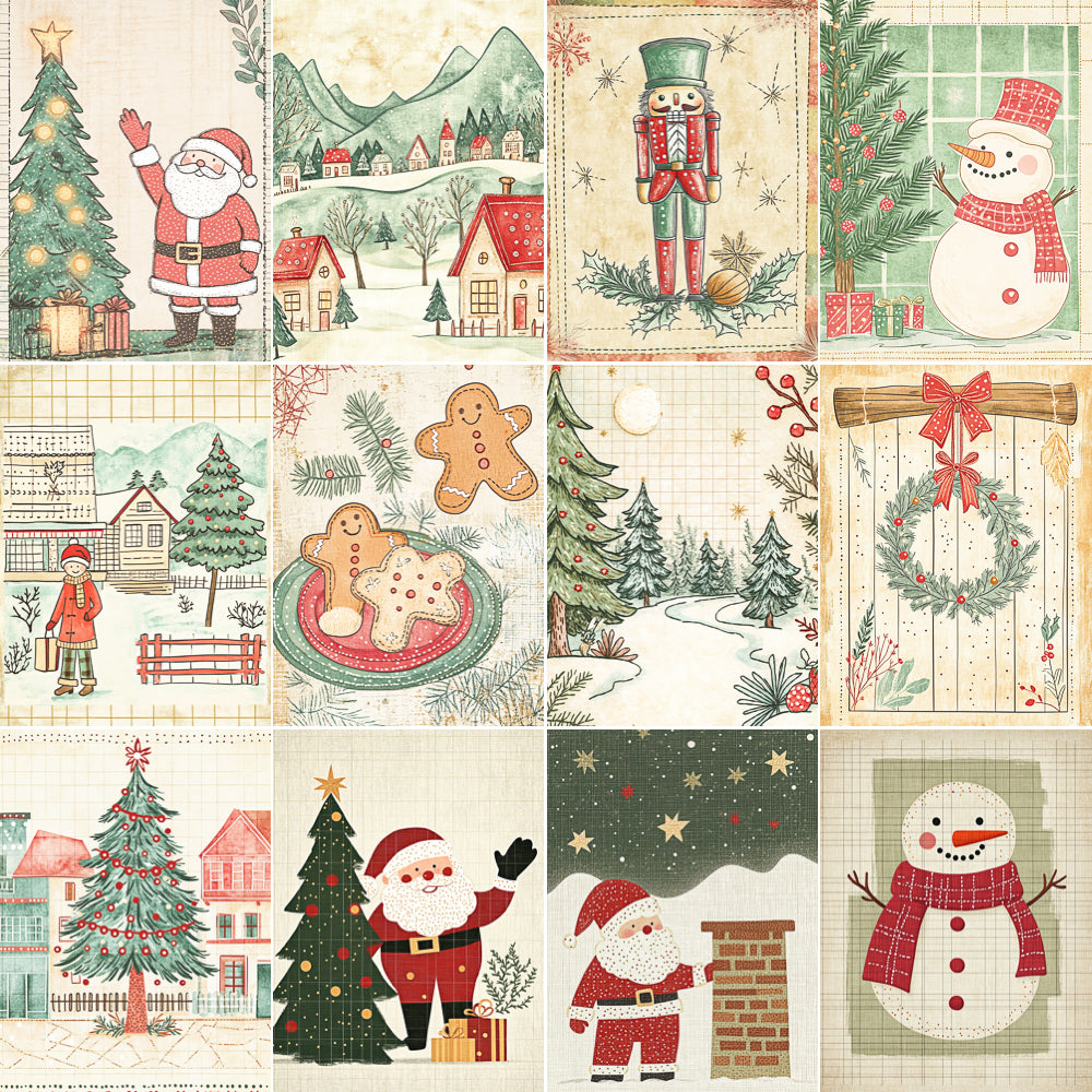 Collage of Christmas-themed illustrations including Santa Claus, snowmen, trees, and gingerbread men on a textured background.