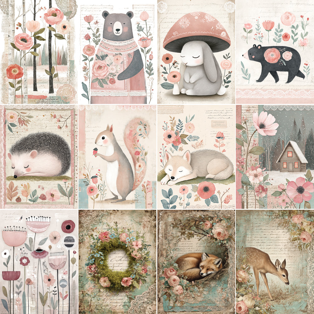 Collage of illustrations featuring forest animals and floral elements.