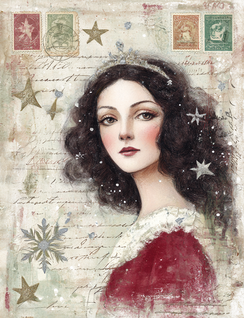 Artistic portrait of a woman with vintage stamps and snowflakes on a textured background