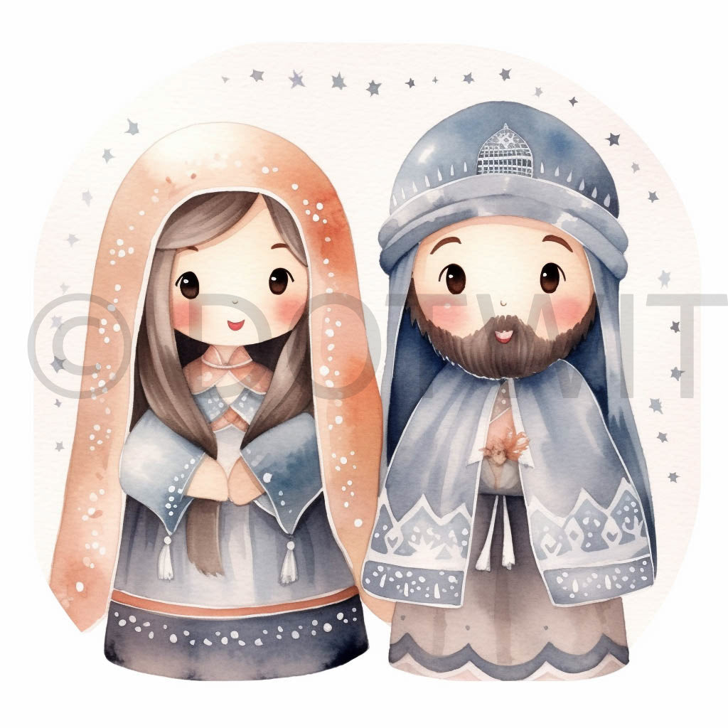 mary and joseph Cute Christmas Watercolor Digital Art Collection and Midjourney Prompt Commercial Use