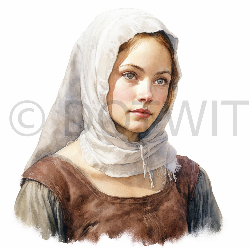a cute girl Medieval Watercolor Historic Clipart Digital Art and Midjourney Prompt Commercial Use