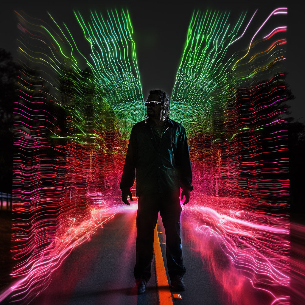 man in the hall Midjourney Prompt Trippy Neon Art Commercial Use