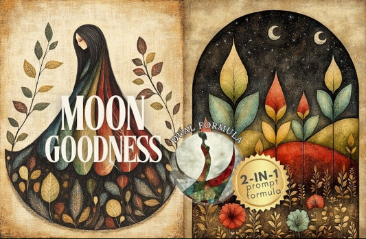 Decorative product packaging for 'Moon Goodness' with artistic design elements and text.