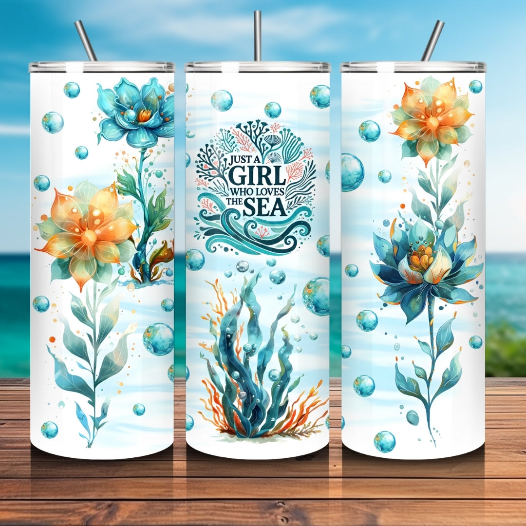 flowers and bubbles Just a girl who loves the sea Wrap for Skinny Tumbler 20 oz, Ocean Lovers