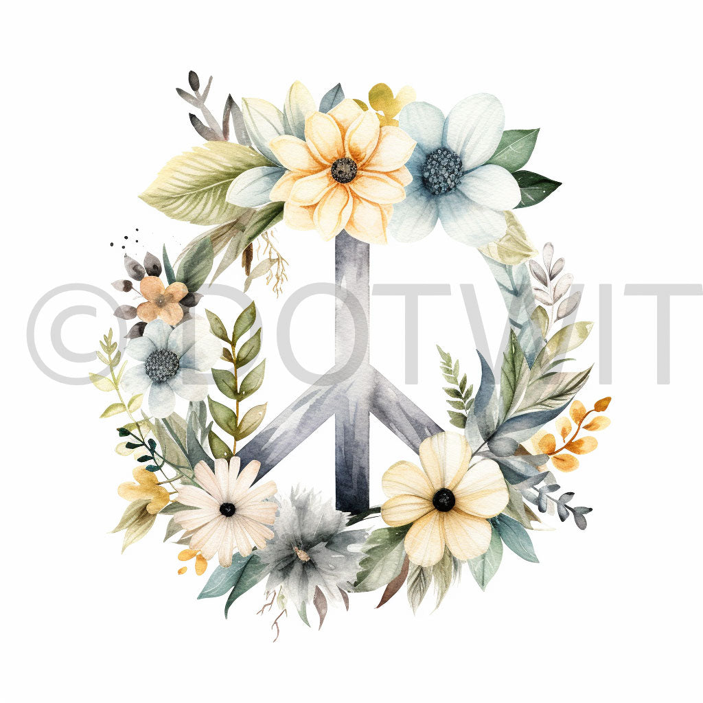 peace symbol with flowers Day Of Peace Watercolor Peace Symbol Art Digital Art and Midjourney Prompt Commercial Use