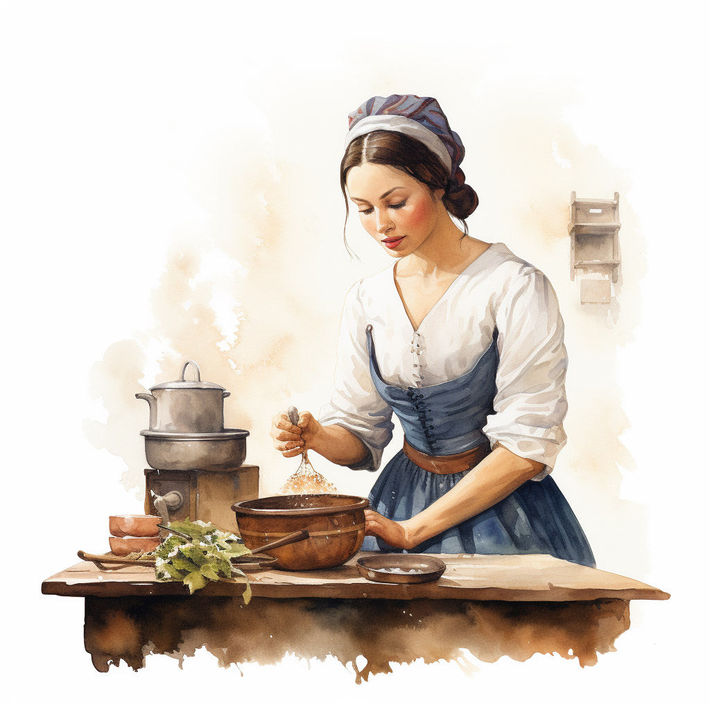 Midjourney Prompt For Clipart Colonial Watercolors a woman in the kitchen