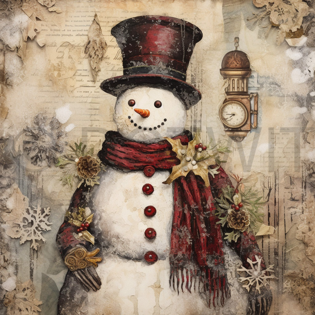 a snowman collage Christmas Ephemera Digital Junk Journal Collages and Midjourney Prompt Commercial Use