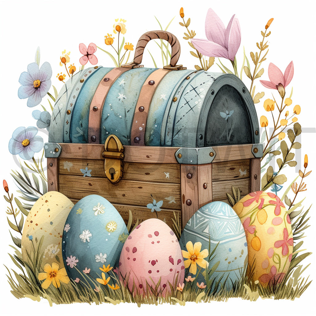 easter treasure chest with easter eggs clipart