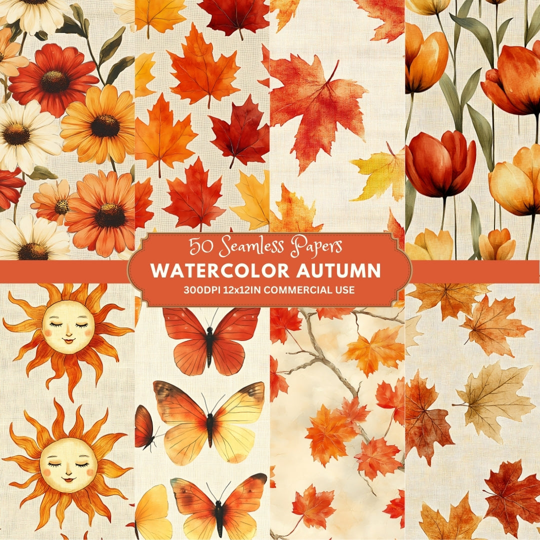 36 Watercolor Autumn Digital Paper Pack