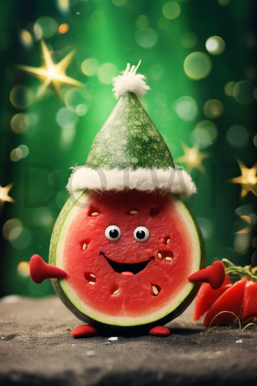 a watermelon with a santas hat Christmas Photos Digital Postcards Funny Fruits and Midjourney Prompt Commercial Use