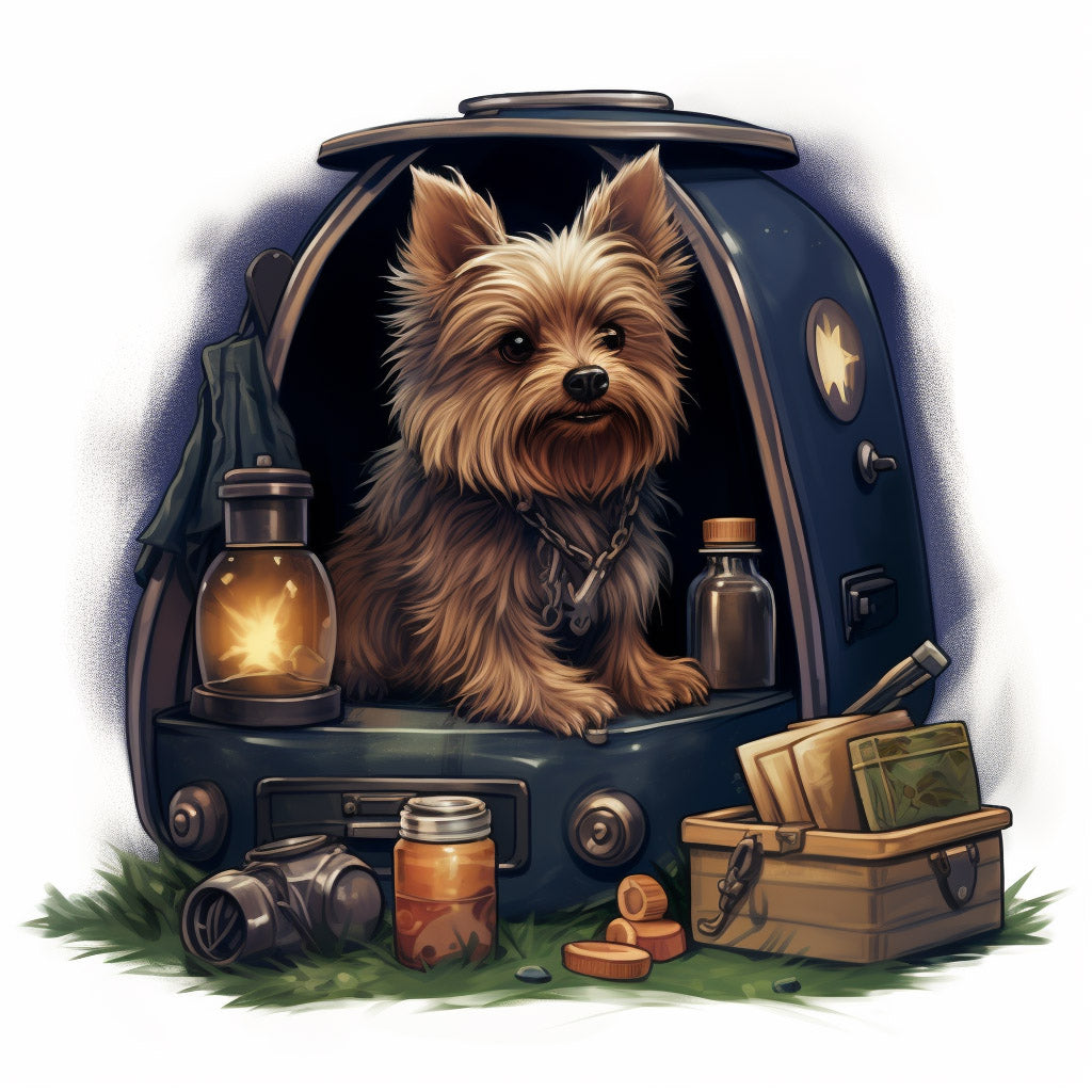 a cute yorky Camping Watercolors Midjourney Prompt